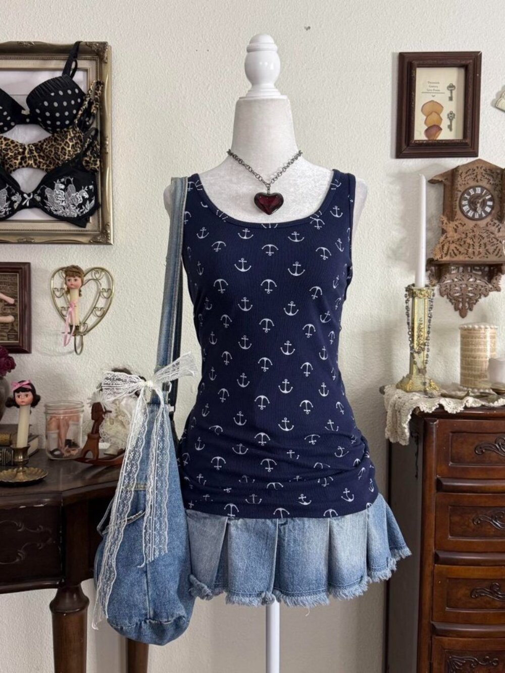 2010s scenecore girly grunge baby blue nautical sailor anchor print ribbed tank